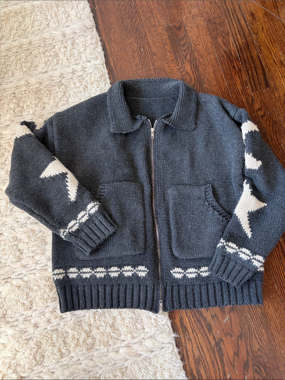 Commense Charcoal and White Zip-Up Knit Sweater